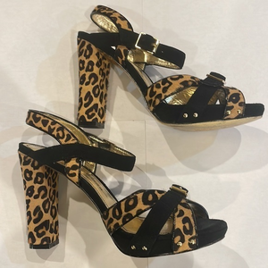 BEVERLY FELDMAN Leopard Open Toes Pump Heels Size 8.5